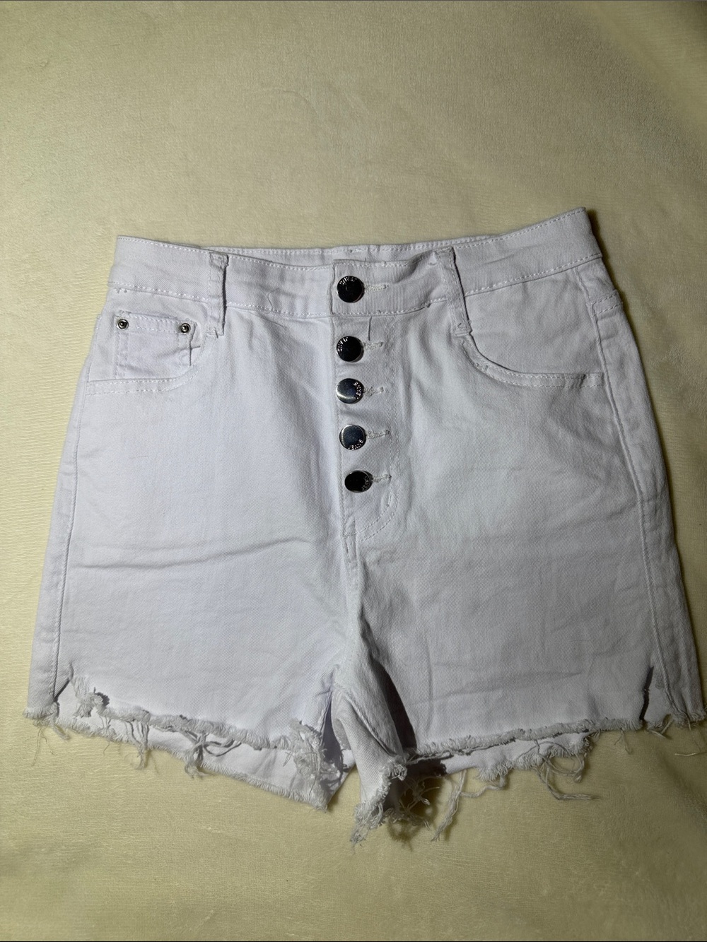 NWOT High-Rise White Button-Front Denim Shorts with Frayed Hem